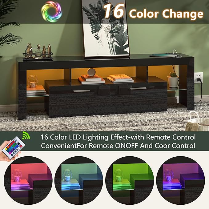 Clikuutory Modern LED Black 67 inch TV Stand with Power Outlet and Large Storage for 40 50 55 60 65 70 75 Inch TVs, Wood TV Console with High Glossy Entertainment Center for Living Room, Bedroom