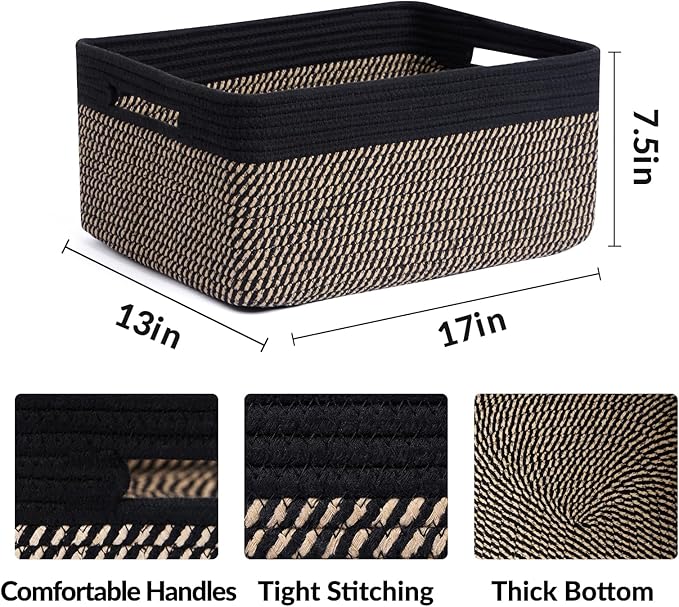 Large Storage Baskets for Organizing, Closet Shelf Baskets for Clothes Blanket Towels, Baby Nursery, Toy Bins Box, Woven Rope Baskets, 17 x 13 x 7.5”, 4 Packs Woven Brown