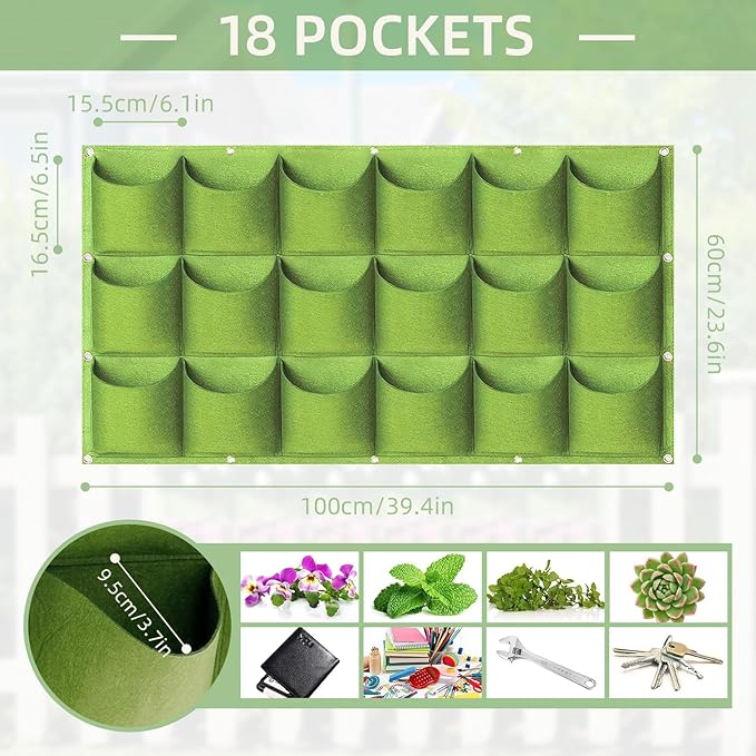 18 Pockets Hanging Grow Bags, 2 Pack Horizontal Wall Planter Plant Grow Bags Outdoor Indoor Hanging Planter for Balcony/Railing/Fence/Yard/Garden/Home Decoration, Green