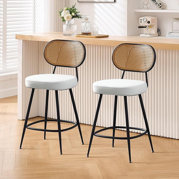 BFZ Counter Height Bar Stools Set of 2, 26" Seat Height Barstools with Rattan Back and Metal Legs, Upholstered Faux Leather Bar Chairs for Kitchen Island, Home Bar, Beige