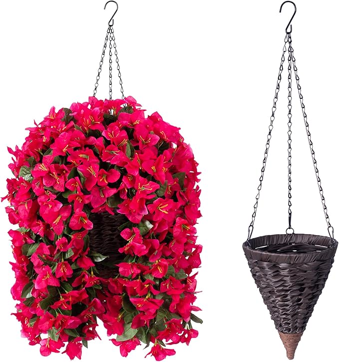 Artificial Bougainvillea Faux Flowers Plants Baskets for Outdoor Outside Summer Decoration, 3 PCS Fake Silk Long Hanging Vines UV Resistant Realistic for Front Door Porch Patio Balcony, Hotpink