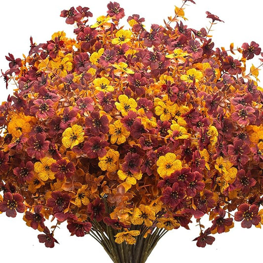 16 Bundles Artificial Fall Mums with Eucalyptus, Faux Daisy UV Resistant Outdoor Decor - Autumn Orange Flowers for Front Door Porch Planter, Patio, Thanksgiving Christmas (Fall Yellow&Red)