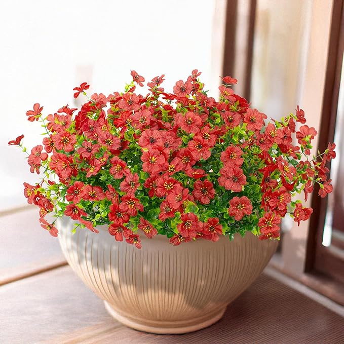 16 Bundles Artificial Flowers Outdoor Spring Summer Decoration Fake Silk Colorful Daisy Eucalyptus Realistic UV Resistant Outside Faux Plants for Garden Porch Window Box Home Decor(Red)