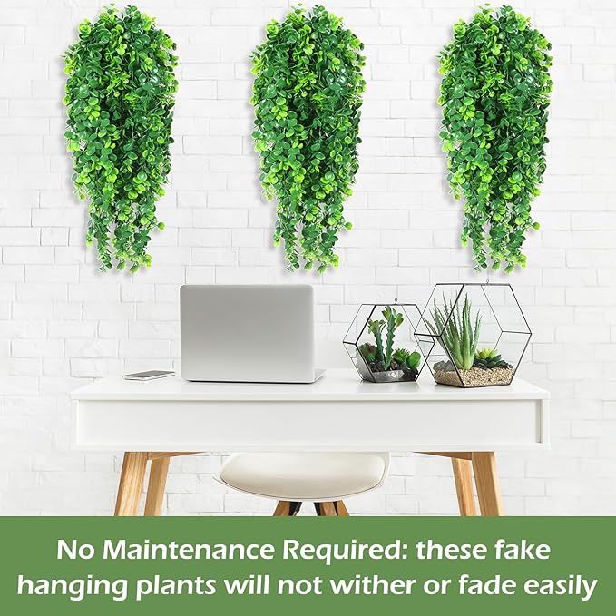 Hoteam 24 Pcs Artificial Hanging Plants 32 Inch Fake Ivy Vines with Fake Leaves Patio Artificial Plants Greenery for Living Room Indoor Outdoor Wall, No Basket (Eucalyptus)