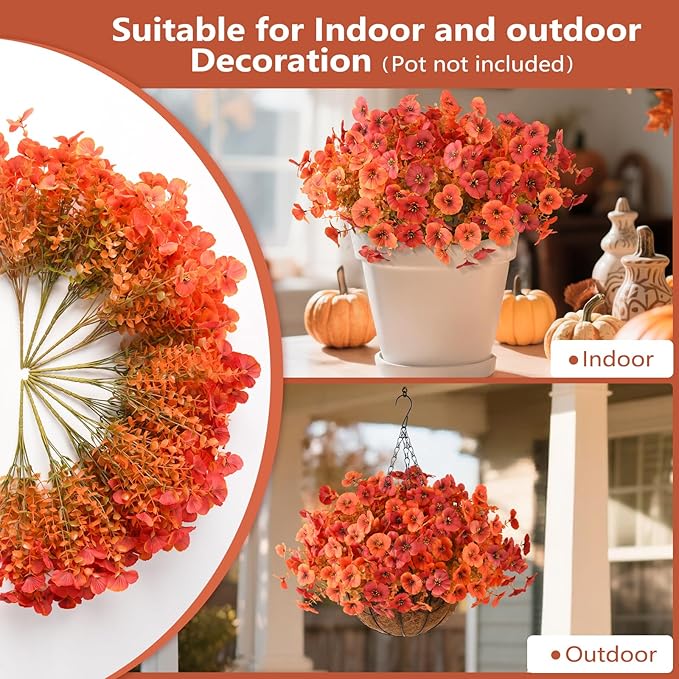 INQCMY Artificial Fall Flowers for Outdoor, 12 Bundles Faux Pansy Fake Mums Flowers Plants Outdoor Fall Decor, UV Resistant No Fade Silk Flower for Porch Planter Patio Yard Garden(Orange Autumn Red)