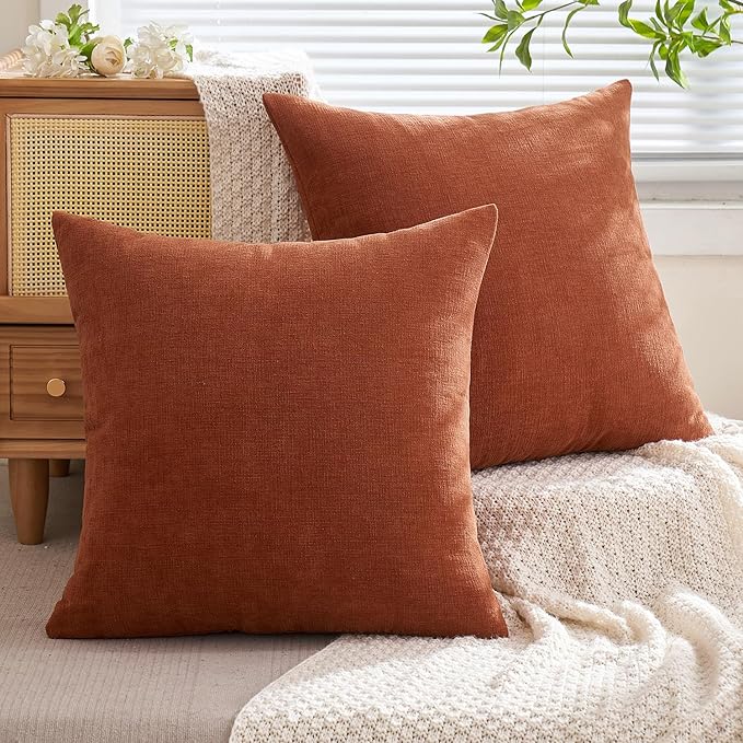 MIULEE Rust Couch Pillow Covers 18x18 Inch, Set of 2 Soft Chenille Fall Decorative Square Throw Pillow Covers Farmhouse for Sofa Living Room Bed