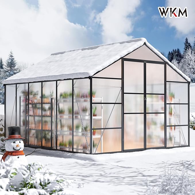 WKM 10x12 FT Greenhouse, Enhanced Aluminum Frame Greenhouses for Outdoors Withstands Strong Wind or Snow, Green House with Swing Door, Green Houses for Outside Garden Backyard, Black