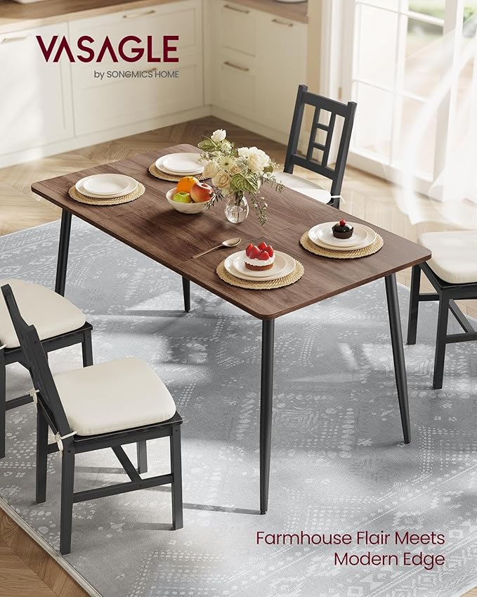 VASAGLE Dining Table, Dining Room Table for 4-6 People, Modern Farmhouse, for Kitchen, Quick Assembly, Heat-Resistant Surface, 29.5 x 55.1 x 29.5 Inches, Natural Walnut and Ink Black UKDT100K02V1