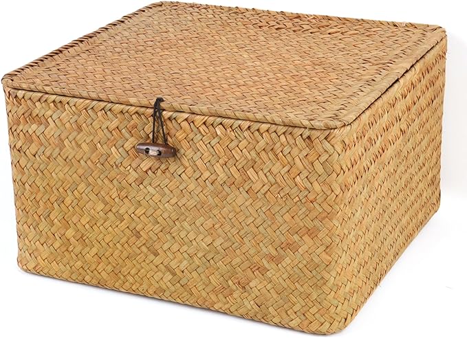 Wicker Shelf Baskets with Lid, Handwoven Seagrass Storage Basket Bins Square Gift Boxes for Shelves Home Decor Organizer (Natural, Large)