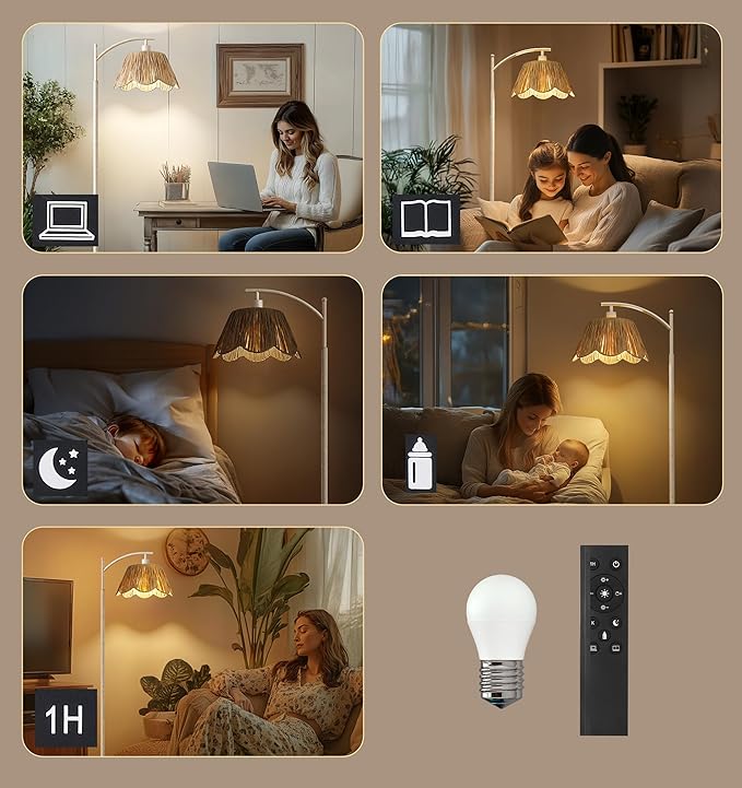 Oneach Rattan Floor Lamp for Living Room with 3 Color Temperatures, Boho Floor Lamp for Bedroom with Remote & Dimmable Bulb, Farmhouse Standing Lamp for Reading, Antique White