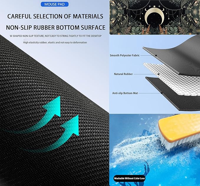 Cute Green Forest leaves Desk Mat Whimsical Moon Mousepad XL Large Extended Gaming Mouse Pad with Stitched Edges, Computer Laptop Keyboard Mouse Mat Desk Pad 31.5x11.8 in Non-Slip Rubber Base