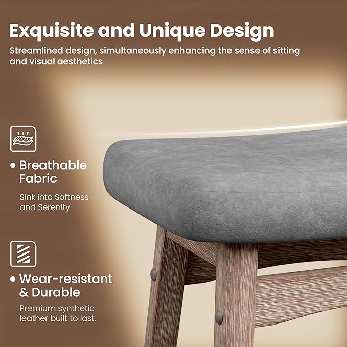 PHI VILLA Farmhouse Bar Stools Set of 4 - Wood Bartools with Upholstered Saddle Seat, 24 inch stools for Kitchen Counter Set of 4