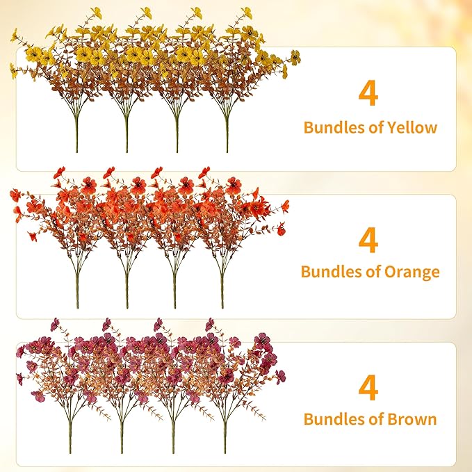 Artificial Mums Fall Fake Flowers for Outdoors, 12 Bundles Faux Mums for Outdoor Planters Autumn Decorations,UV Resistant Silk Flowers for Outside Front Porch Patio Home Decor(B-Orange Yellow Brown)