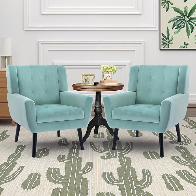 NicBex Accent Chair Set of 2, Modern Chair for Living Room Upholstered Foam Filled Living Room Chairs with Metal Legs Velvet Cozy Lounge Armchair for Living Room Bedroom,Mint Green