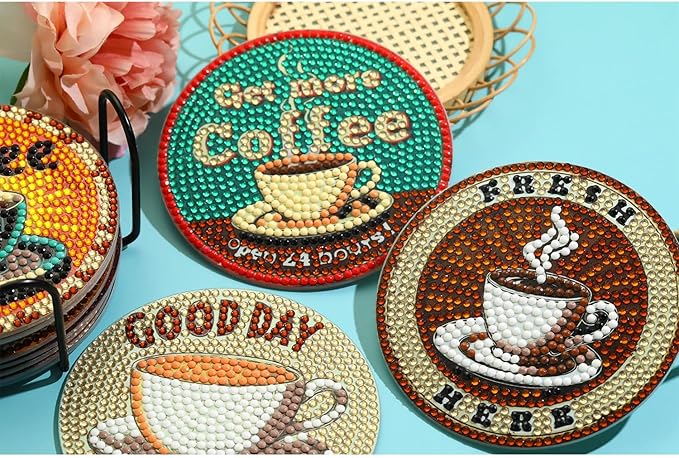 8 PCS Coffee Diamond Art Coasters Kits, Diamond Painting Coasters with Holder Set of 8, DIY Drink Coasters Art Crafts Supplies for Adults Cup Mat for Home Decor House Warming Gifts Non-Slip 3.9inch