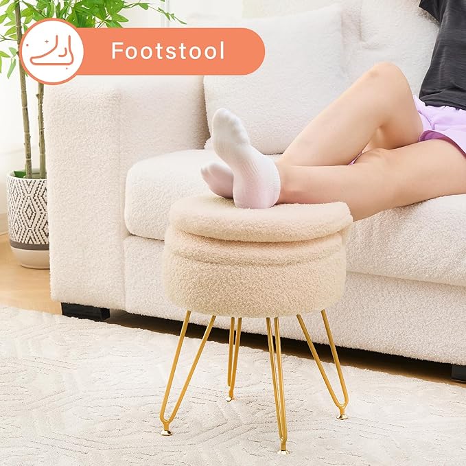Storage Ottoman Vanity Stool Chair with Folding Back Teddy Velvet Makeup Chair Multifunctional Upholstered Footstool,4 Metal Legs with Anti-Slip Feet for Bedroom Living Room Entryway