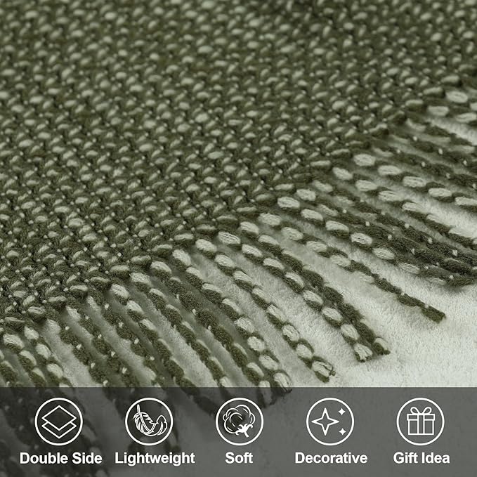 Blagic Knitted Throw Blanket for Couch, Soft Farmhouse Throw Blanket with Tassels,Home Decorative Lightweight Blankets,Spring Throws for Bed/Chair/Sofa,Wheat Textured (Green & White,60" W x 80" L)