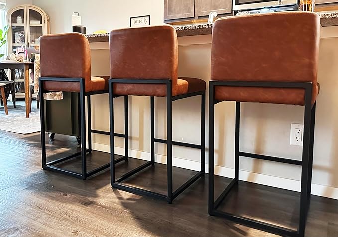 ALPHA HOME 24” Bar Stools Set of 3 Counter Height Bar Stool Pu Leather Kitchen Modern Bar Stools with Backrest Upholstered Footrest Sturdy Chromed Metal Steel Frame,Brown