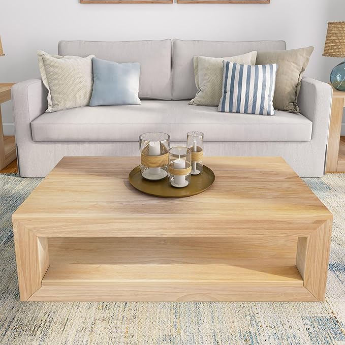 Plank+Beam 40" Modern Rectangular Coffee Table with Shelf, Solid Wood Center Table with Storage, 2 Tier Tea Table for Living Room, Blonde Wirebrush