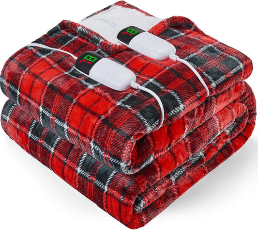 Electric Heated Blanket King Size, 90X100 Christmas Blanket with Dual Control&10 Heats Levels&Timer for Bed,Large Red Plaid Soft Sherpa Heating Blankets Warmer Gifts for Grandma Women Adults, ETL