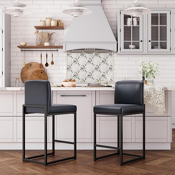 ALPHA HOME 24 Inch Bar Stools Set of 2 Kitchen Counter Stools with Back Pu Leather Counter Chair Counter Height Bar Stools with Upholstered Footrest Sturdy Chromed Metal Steel Frame, Midnight Blue