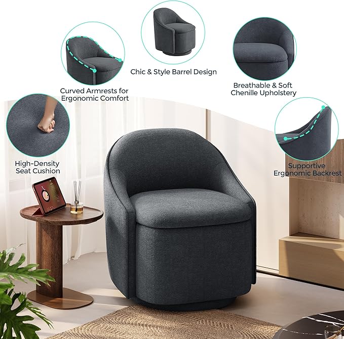 LINSY Swivel Accent Chair with Storage Comfy Chenille Barrel Chairs, Small 360 Swivel Modern Armchair for Living Room Bedroom, Boucle Reading Chair for Study Room (Grey)