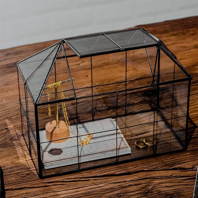 NCYP Glass Terrarium Planter with Lid for Small Succulent Cacti, Grid House Shape Black Geometric Terrarium Pot, Home Garden Indoor Tabletop Decor, 9.84" x 5.31" x 7.87" (No Plants)