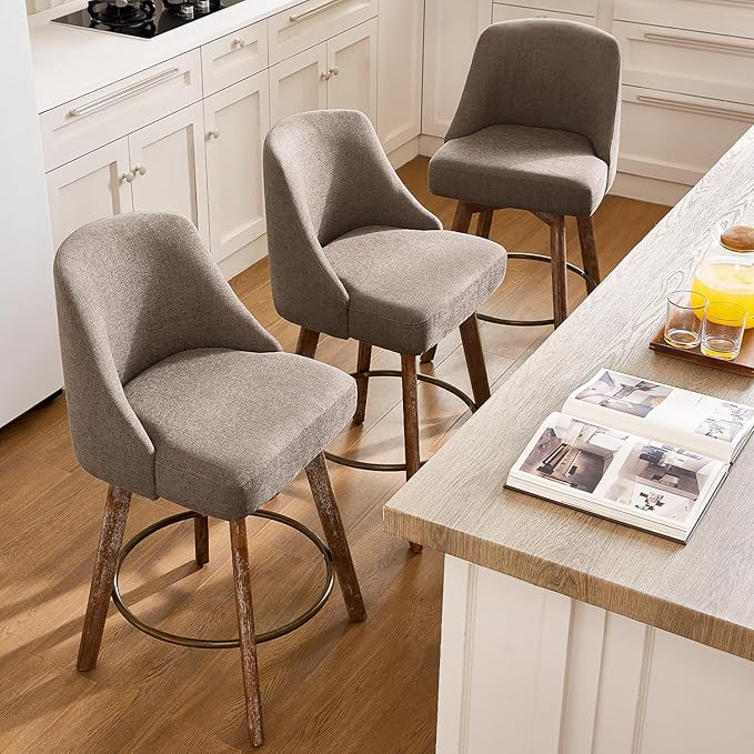 IWOOD Mid Century Modern Counter Height Bar Stools Set of 3,360° Swivel Barstools with Solid Wood Legs,26'' Island Chairs with Wrap-Around Backrest,Grey Linen Comfort Fabri