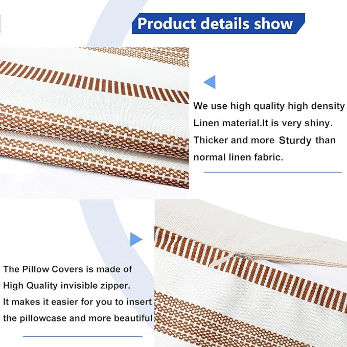 Decorative Throw Pillow Covers Set of 2 Coffee Boho Striped Pillow Covers 16x16 Inch Throw Pillow Cover Linen Pillowcase Farmhouse Outdoor Pillow Covers for Couch Sofa Bed Living Room