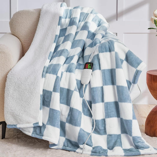 Heated Electric Blanket Twin Size, 62X84 Heating Blanket with 10 Heat Level & 8 Hours Auto Off, Misty Blue Checkered Plaid Soft Fleece Sherpa Blankets Warmer Gifts for Couch Grandma Women Adults, ETL
