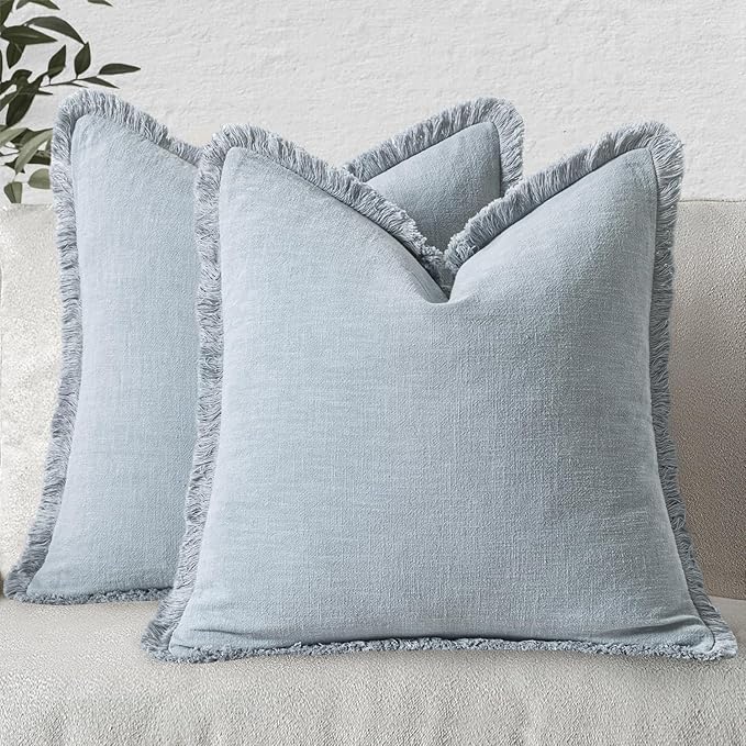 MIULEE Decorative Throw Pillow Covers Neutral Linen Fringe Throw Pillows Set of 2 Sky Blue Boho Farmhouse Cushion Covers for Couch Sofa Bed Living Room Spring Home Decor 20x20 Inch