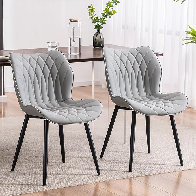 Kidol & Shellder Dining Chairs Set of 2 Modern Kitchen Chairs with Back Armless Accent Chairs for Living Room Upholstered Faux Leather Chair Mid Century Comfy Side Chair with Metal Legs, Grey