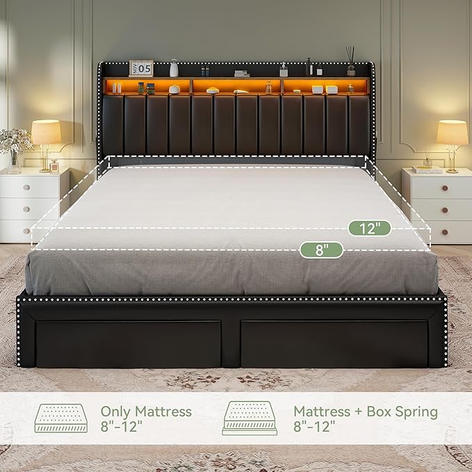 Torana Full LED Bed Frame with 2 Drawers, PU Leather Upholstered Storage Wingback Headboard Beds, Channel Tufted Platform Bedframe with Rivet Decor, No Box Spring Needed, Black