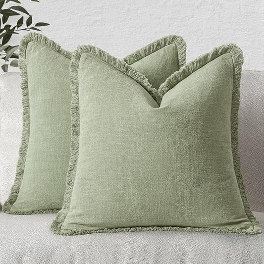 MIULEE Decorative Throw Pillow Covers Neutral Linen Fringe Throw Pillows Euro Shams Set of 2 Sage Green Boho Farmhouse Cushion Covers for Couch Sofa Bed Living Room Spring Home Decor 24x24 Inch