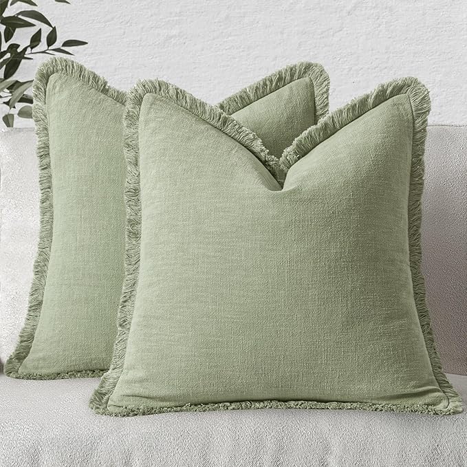 MIULEE Decorative Throw Pillow Covers Neutral Linen Fringe Throw Pillows Euro Shams Set of 2 Sage Green Boho Farmhouse Cushion Covers for Couch Sofa Bed Living Room Spring Home Decor 22x22 Inch