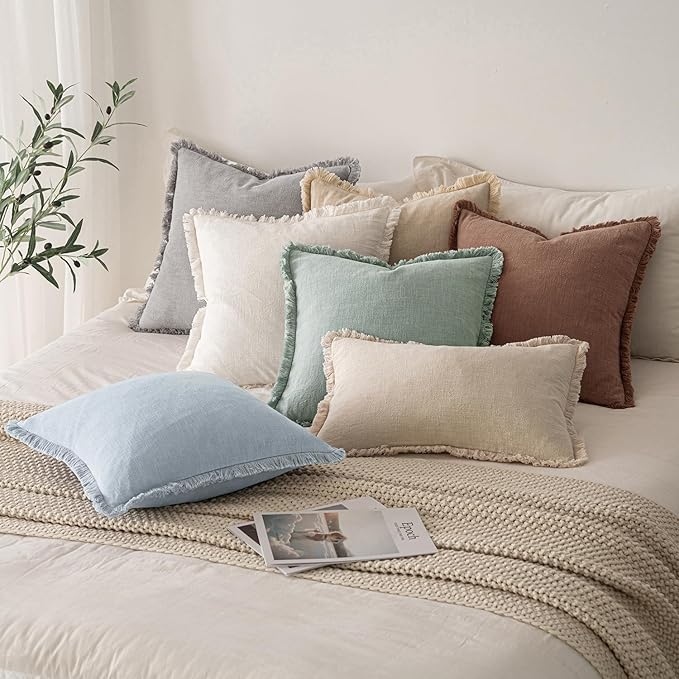 MIULEE Decorative Throw Pillow Covers Neutral Linen Fringe Throw Pillows Set of 2 Sky Blue Boho Farmhouse Cushion Covers for Couch Sofa Bed Living Room Spring Home Decor 18x18 Inch