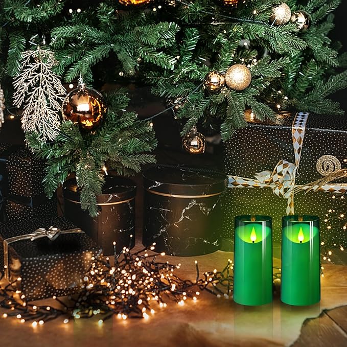 NURADA 3"x6"Flickering Flameless Candles: 3D Wick Acrylic Battery Operated LED Pillar Candles with Remote and Timer for St. Patrick's Day Home Holiday Forest Christmas Party Table Decor - Green