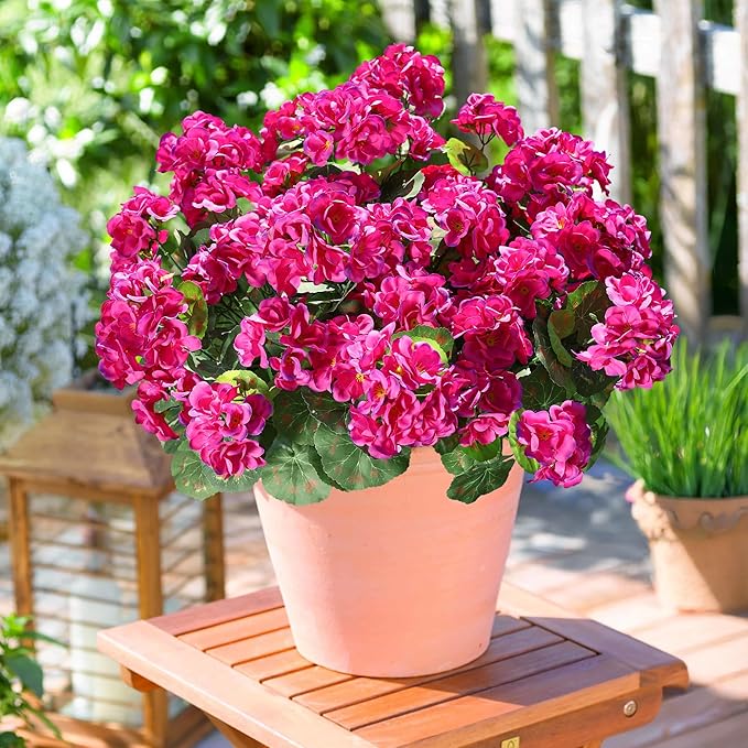 Artificial Geranium Fake Flowers for Outdoors Decoration, 6 Bundles Silk Geraniums Flower UV Resistant Look Real Faux Plants for Outside Planter Front Door Garden Patio Balcony Yard Home, Fuchsia