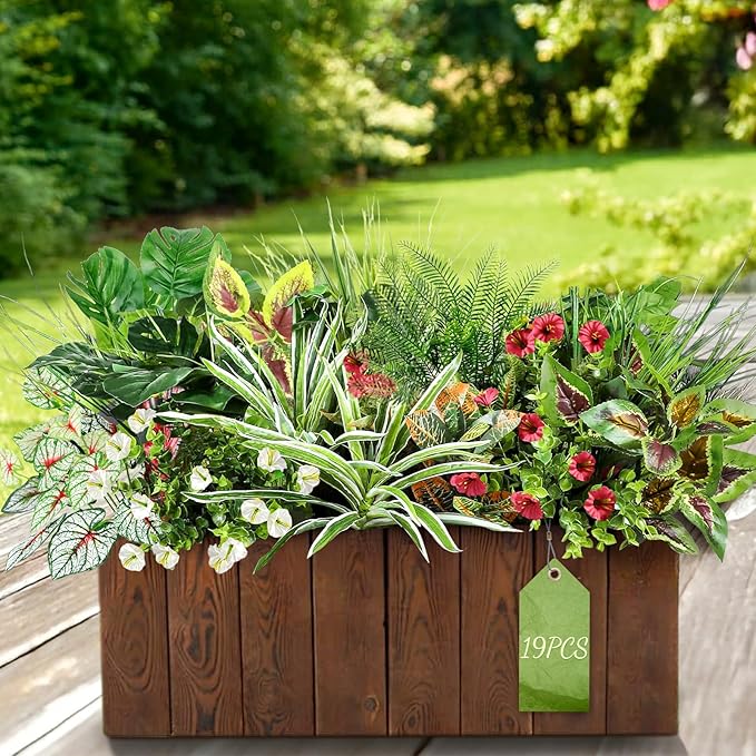 19PCS Artificial Plants Outdoor UV Resistant Faux Greenery Stems & Flowers Realistic Fake Shrubs Bushes for Patio Garden Front Porch Yard Decor