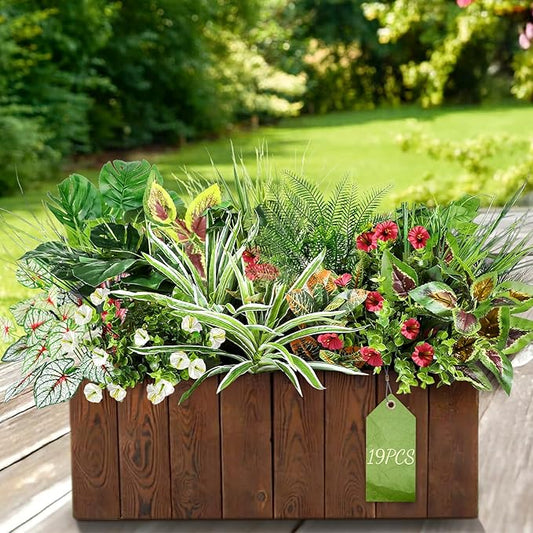 19PCS Artificial Plants Outdoor UV Resistant Faux Greenery Stems & Flowers Realistic Fake Shrubs Bushes for Patio Garden Front Porch Yard Decor