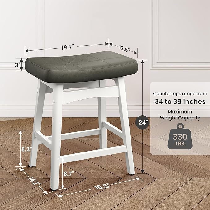 PHI VILLA Counter Height Bar Stools Set of 3,Farmhouse Barstools with Upholstered Saddle Seat, 24 inch Kitchen Counter Island Stools