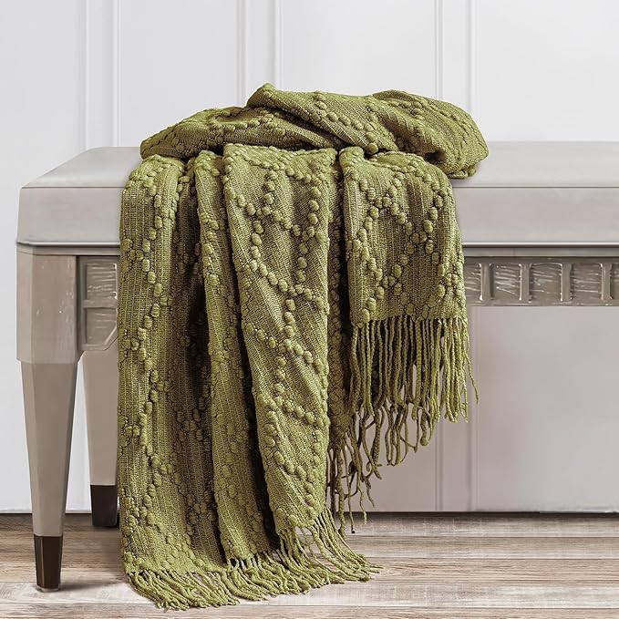 BOURINA Olive Throw Blanket 50 x70 Inches Jacquard Argyle Throw Textured Solid Soft Throws and Blankets for Sofa or Bed Knitted Decorative Blanket