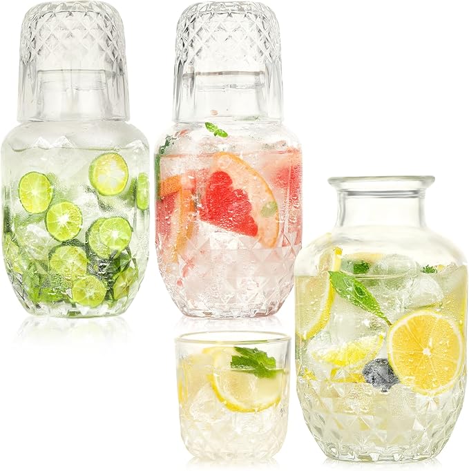 3 Set Bedside Water Carafe and Glass Set 18 OZ Vintage Glass Water Pitcher with 5 OZ Cup Set Clear Glass Water Pitcher for Bedroom,Bar,Bathroom,Hotel,Restaurant,Juice,Mouthwash Container,Style-2