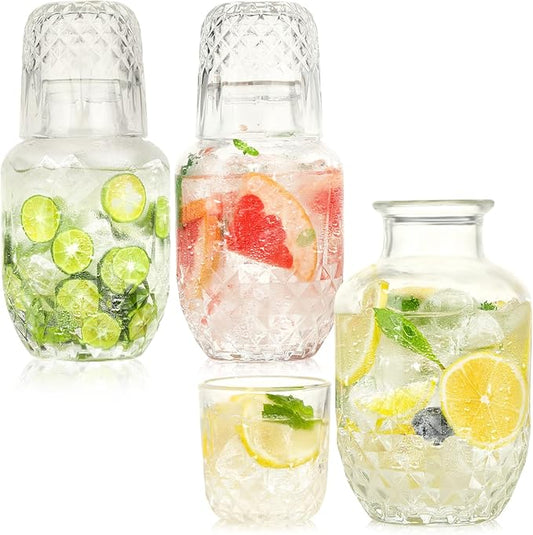 3 Set Bedside Water Carafe and Glass Set 18 OZ Vintage Glass Water Pitcher with 5 OZ Cup Set Clear Glass Water Pitcher for Bedroom,Bar,Bathroom,Hotel,Restaurant,Juice,Mouthwash Container,Style-2