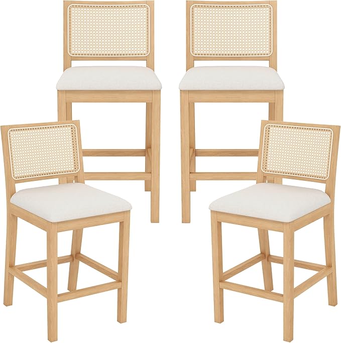 Westice Rattan Bar Stools Set of 4, 26" Farmhouse Counter Height Stools with Natural Rattan Back and Wood Frame, Upholstered Line Fabric Seat Cushion, Wooden Stools for Kitchen Island/Pub, Natural