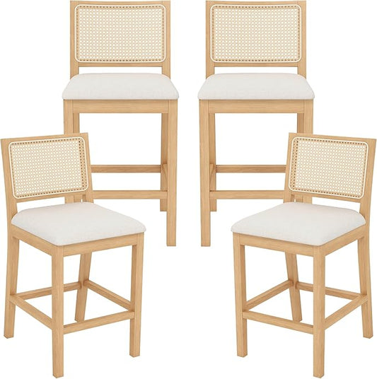 Westice Rattan Bar Stools Set of 4, 26" Farmhouse Counter Height Stools with Natural Rattan Back and Wood Frame, Upholstered Line Fabric Seat Cushion, Wooden Stools for Kitchen Island/Pub, Natural