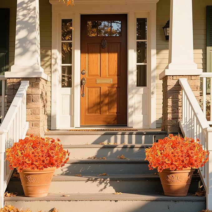 SHareconn 24 Bundles Artificial Fall Flowers for Outdoors Decoration, UV Resistant Silk Eucalyptus Lavender Faux Autumn Fake Plants for Outside Indoor Garden Yard Porch Home Decor, Sunset Red Orange