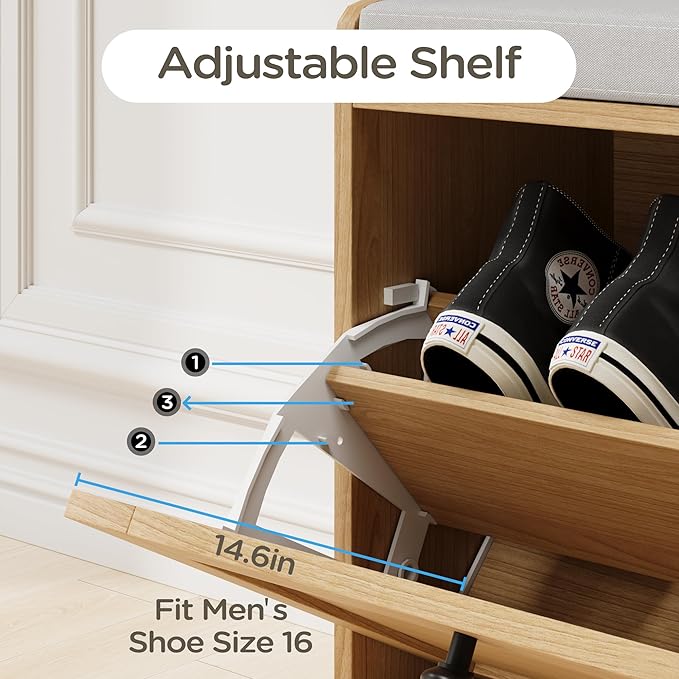 MHOM Oak Modern Entryway Bench with 2 Flip Drawers, Shoe Rack with Padded Seat Cushion, Wooden Storage Bench for Bedroom and Apartment