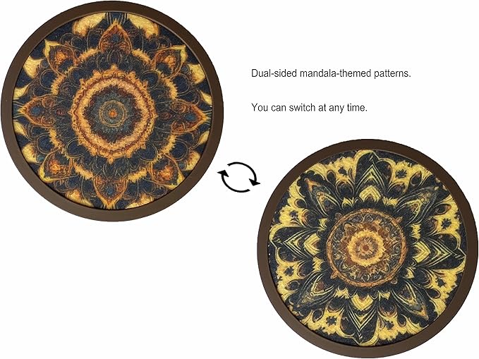 Absorbent Coasters for Drinks with Holder - 6packs, Silicone Coaster with Soft Felt Insert (4.3 inch Coasters with 4.5 inch Holder, Dual-Sided Mandala -Themed Patterns)
