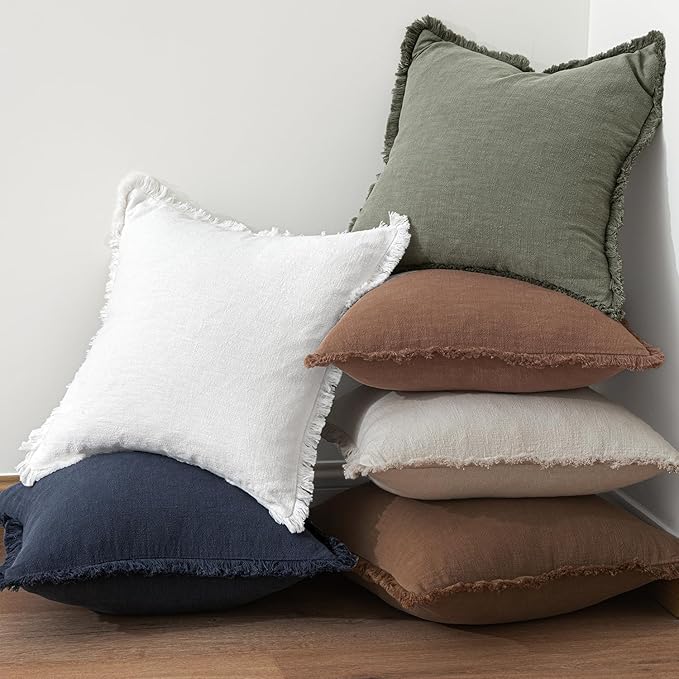 MIULEE Decorative Throw Pillow Covers Neutral Linen Fringe Throw Pillows Euro Shams Set of 2 Dark Coffee Boho Farmhouse Cushion Covers for Couch Sofa Bed Living Room Spring Home Decor 22x22 Inch